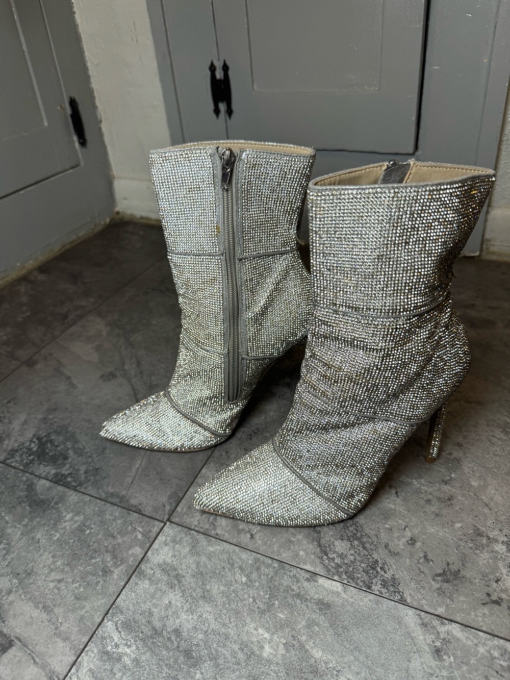 Sparkling Silver Rhinestone Pointed Ankle Booties